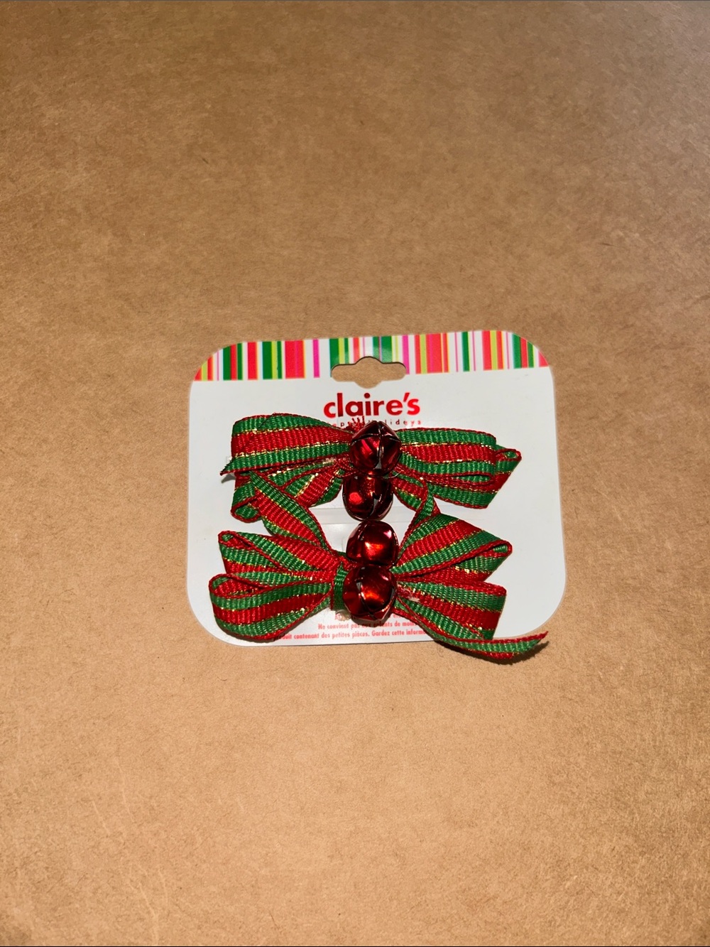 claire's Red and Green Striped Bow Hair Clips with Jingle Bells